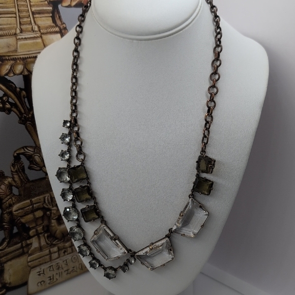 J. Crew Silver and Dark Green Geometric Asymmetrical Necklace Vintage Finish - Picture 3 of 6